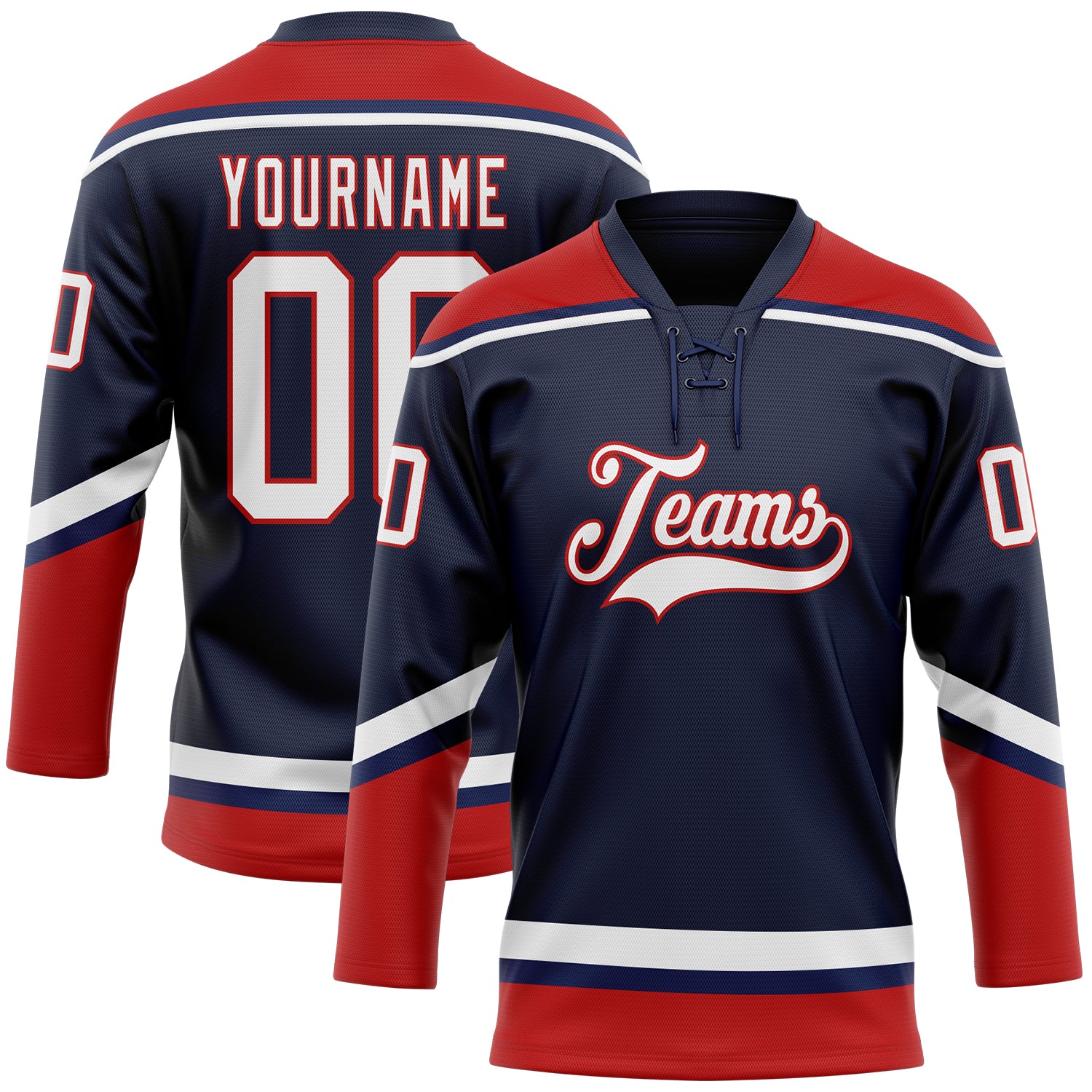 Custom Name and Number Personalized Navy White Red Hockey Jersey, Lace Neck Team Apparel Personalized Navy White-Red Hockey