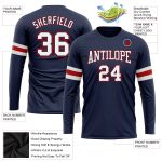 Custom Navy White-Red Long Sleeve T-Shirt with Name and Number - Personalized Salute to Service Performance Tee Personalized
