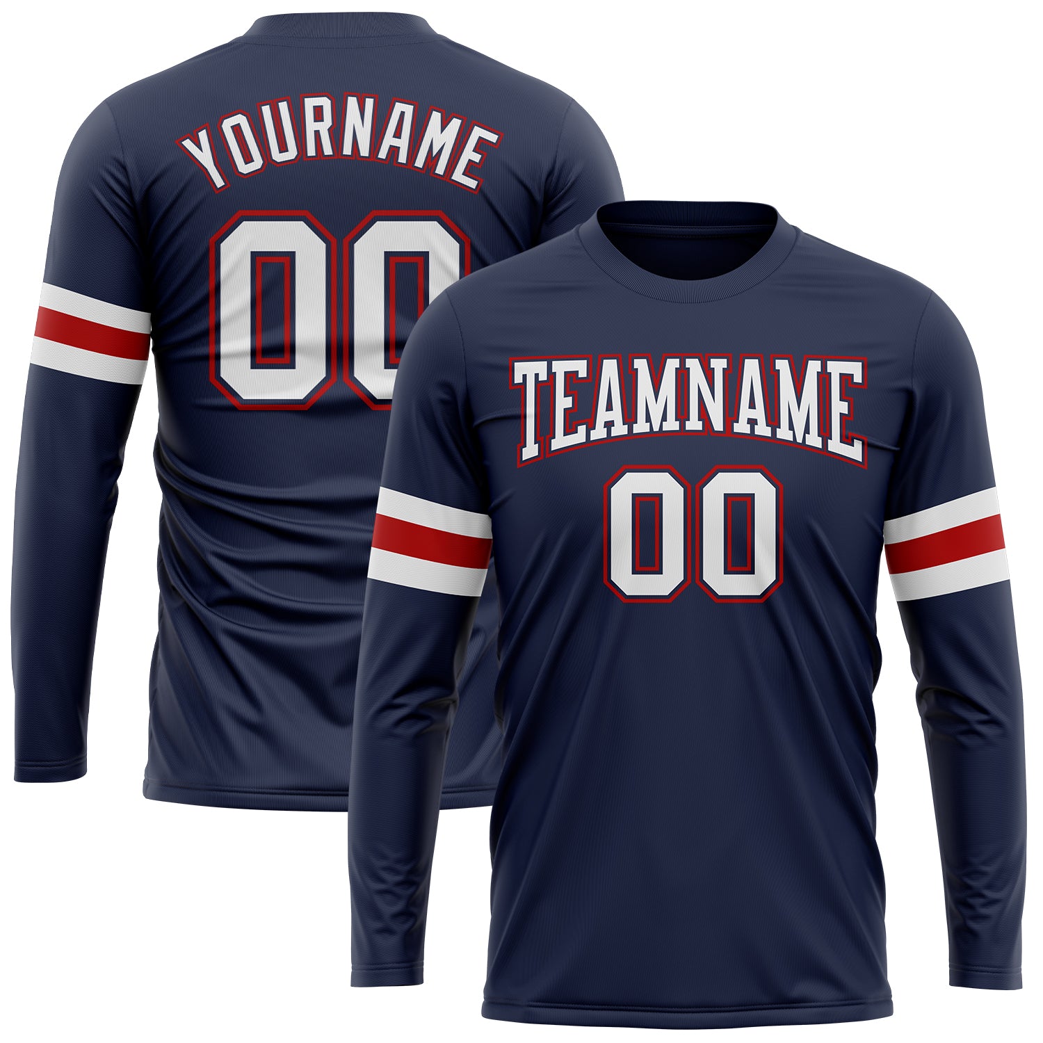 Custom Navy White-Red Long Sleeve T-Shirt with Name and Number - Personalized Salute to Service Performance Tee Personalized