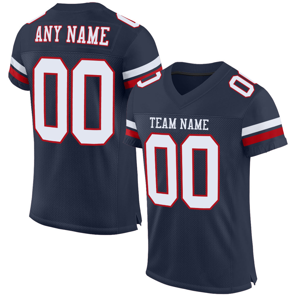 Personalized Navy Red White Authentic Football Jersey - Custom Team Design Personalized Navy White-Red Mesh Authentic Football