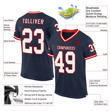 Personalized Authentic Football Jersey in Navy White-Red Mesh - Retro Style Personalized Navy White-Red Mesh Authentic Throwback