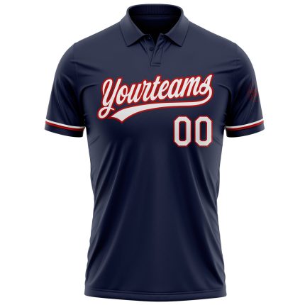 Custom Team Name and Number Personalized Golf Polo Shirt Navy Red White Performance Personalized Navy White-Red Performance