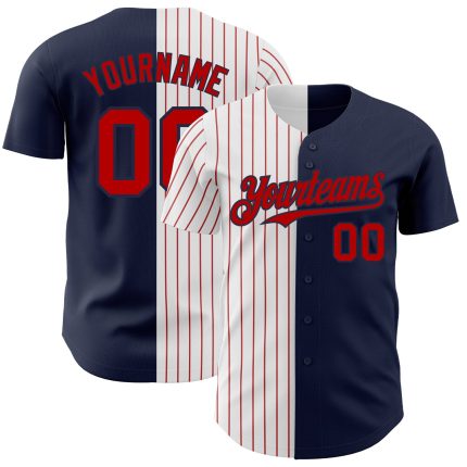 Custom Team Baseball Jersey with Personalized Name and Number, Navy White-Red Pinstripe Authentic Split Style Personalized