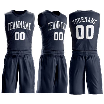 Personalized Basketball Jersey in Navy and White - Round Neck Suit Style Personalized Navy White Round Neck Suit Basketball