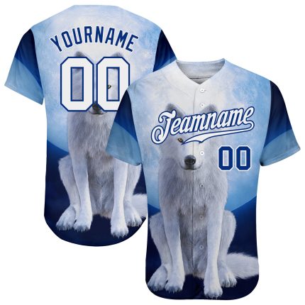Custom Name and Number Authentic Baseball Jersey - Personalized Navy White-Royal 3D Pattern Design Wolf Personalized Navy