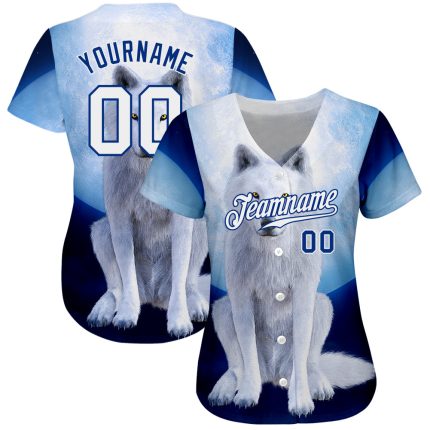Custom Name and Number Authentic Baseball Jersey - Personalized Navy White-Royal 3D Pattern Design Wolf Personalized Navy