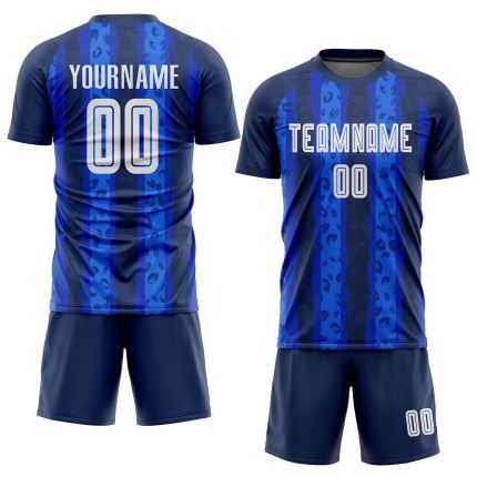 Custom Name and Number Soccer Jersey - Personalized Navy White-Royal Sublimation Away Uniform Personalized Navy White-Royal
