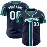 Custom Authentic Baseball Jersey with Personalized Name and Number - Navy White-Teal Arm Shapes in 3 Colors Personalized