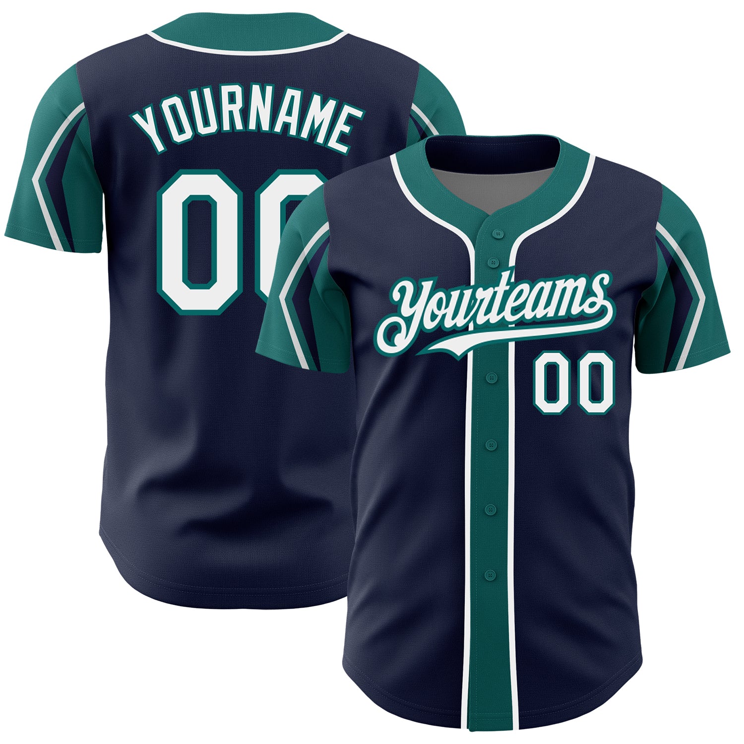 Custom Authentic Baseball Jersey with Personalized Name and Number - Navy White-Teal Arm Shapes in 3 Colors Personalized