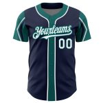 Custom Authentic Baseball Jersey with Personalized Name and Number - Navy White-Teal Arm Shapes in 3 Colors Personalized