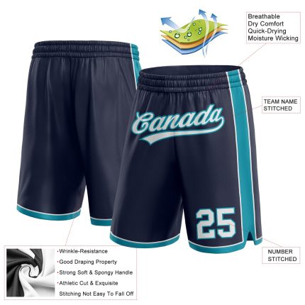 Custom Personalized Basketball Shorts with Name and Number - Navy White Teal Authentic Design Personalized Navy White-Teal
