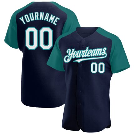 Custom Name and Number Navy White Teal Baseball Jersey - Personalized Authentic Raglan Sleeves Personalized Navy White-Teal