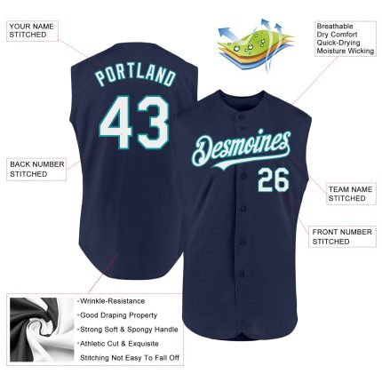 Custom Name and Number Personalized Baseball Jersey - Authentic Sleeveless Navy White Teal Personalized Navy White-Teal Authentic