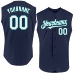 Custom Name and Number Personalized Baseball Jersey - Authentic Sleeveless Navy White Teal Personalized Navy White-Teal Authentic