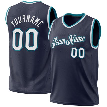 Personalized Authentic Basketball Jersey - Navy White Teal Throwback Design Personalized Navy White-Teal Authentic Throwback