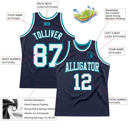 Custom Team Basketball Jersey - Personalized Navy White-Teal Throwback with Custom Name and Number Personalized Navy White-Teal