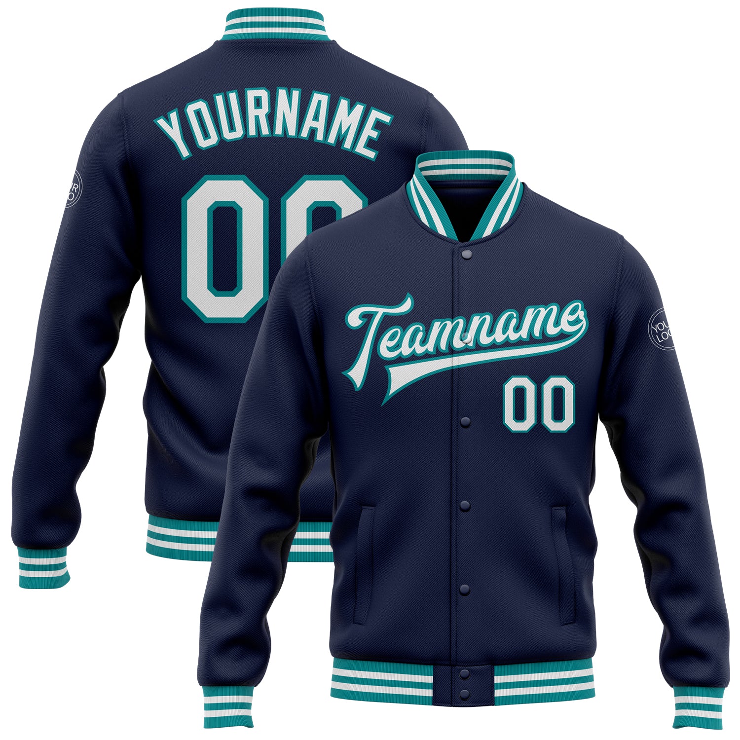 Custom Team Name Number Navy White Teal Bomber Varsity Letterman Jacket - Personalized Full-Snap Design Personalized Navy