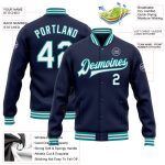 Custom Team Name Number Navy White Teal Bomber Varsity Letterman Jacket - Personalized Full-Snap Design Personalized Navy