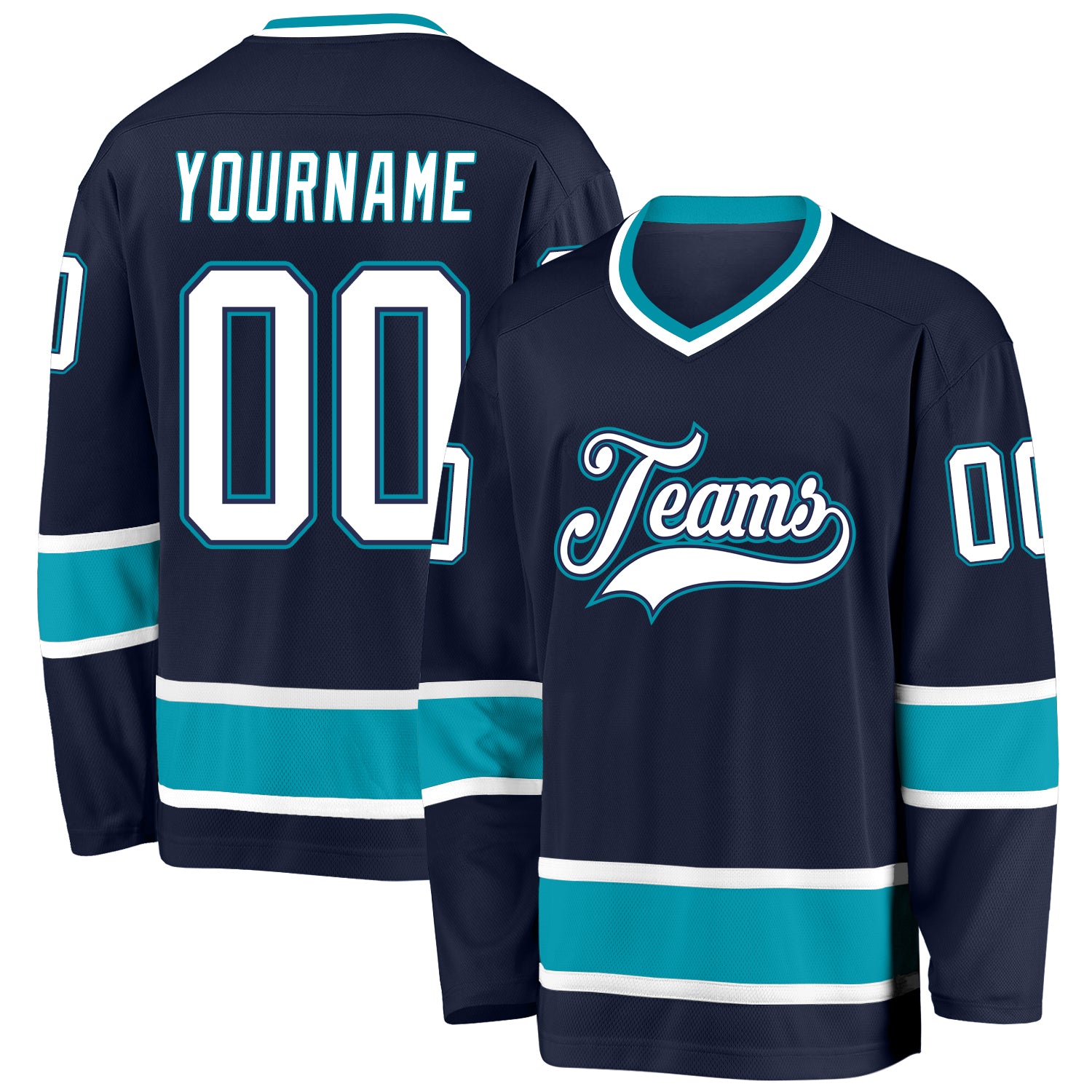 Custom Hockey Jersey with Personalized Name and Number - Navy White Teal Team Jersey Personalized Navy White-Teal Hockey