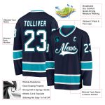 Custom Hockey Jersey with Personalized Name and Number - Navy White Teal Team Jersey Personalized Navy White-Teal Hockey