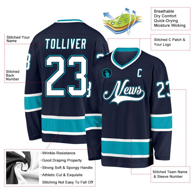 Custom Hockey Jersey with Personalized Name and Number - Navy White Teal Team Jersey Personalized Navy White-Teal Hockey