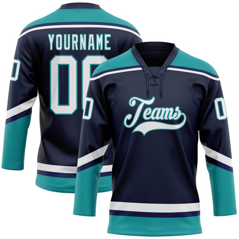Custom Name and Number Hockey Jersey, Personalized Navy White Teal Lace Neck Team Apparel Personalized Navy White-Teal Hockey