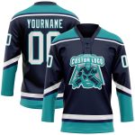 Custom Name and Number Hockey Jersey, Personalized Navy White Teal Lace Neck Team Apparel Personalized Navy White-Teal Hockey