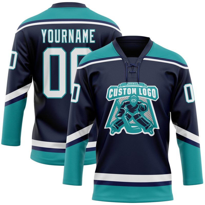 Custom Name and Number Hockey Jersey, Personalized Navy White Teal Lace Neck Team Apparel Personalized Navy White-Teal Hockey