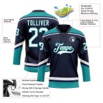 Custom Name and Number Hockey Jersey, Personalized Navy White Teal Lace Neck Team Apparel Personalized Navy White-Teal Hockey