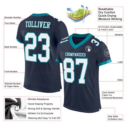 Custom Navy White-Teal Authentic Football Jersey with Personalized Name and Number Personalized Navy White-Teal Mesh Authentic