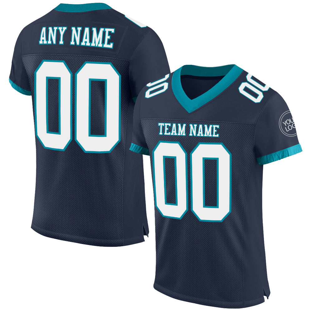 Custom Navy White-Teal Authentic Football Jersey with Personalized Name and Number Personalized Navy White-Teal Mesh Authentic