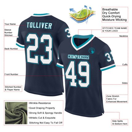 Custom Mesh Throwback Football Jersey - Personalized Navy White-Teal with Name & Number Personalized Navy White-Teal Mesh