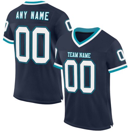 Custom Mesh Throwback Football Jersey - Personalized Navy White-Teal with Name & Number Personalized Navy White-Teal Mesh