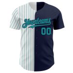 Custom Name and Number Personalized Authentic Baseball Jersey - Navy White-Teal Pinstripe Fashion Team Apparel Personalized