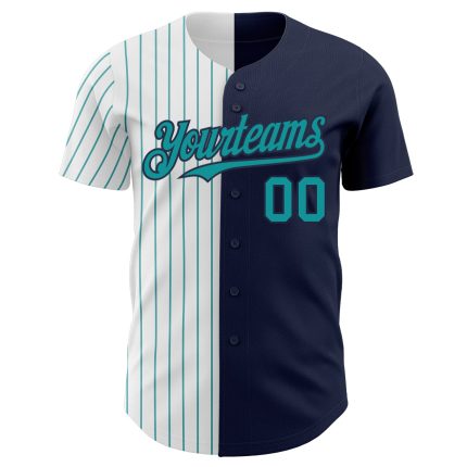 Custom Name and Number Personalized Authentic Baseball Jersey - Navy White-Teal Pinstripe Fashion Team Apparel Personalized