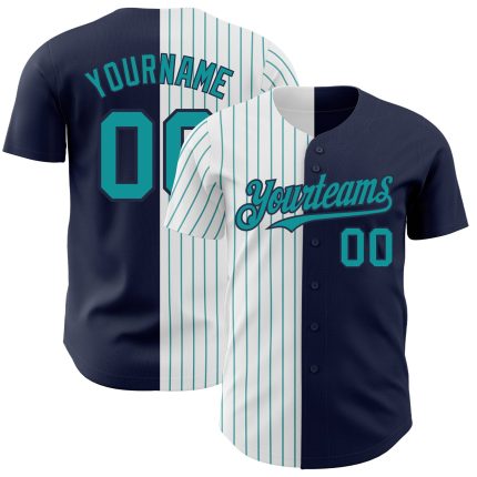 Custom Name and Number Personalized Authentic Baseball Jersey - Navy White-Teal Pinstripe Fashion Team Apparel Personalized