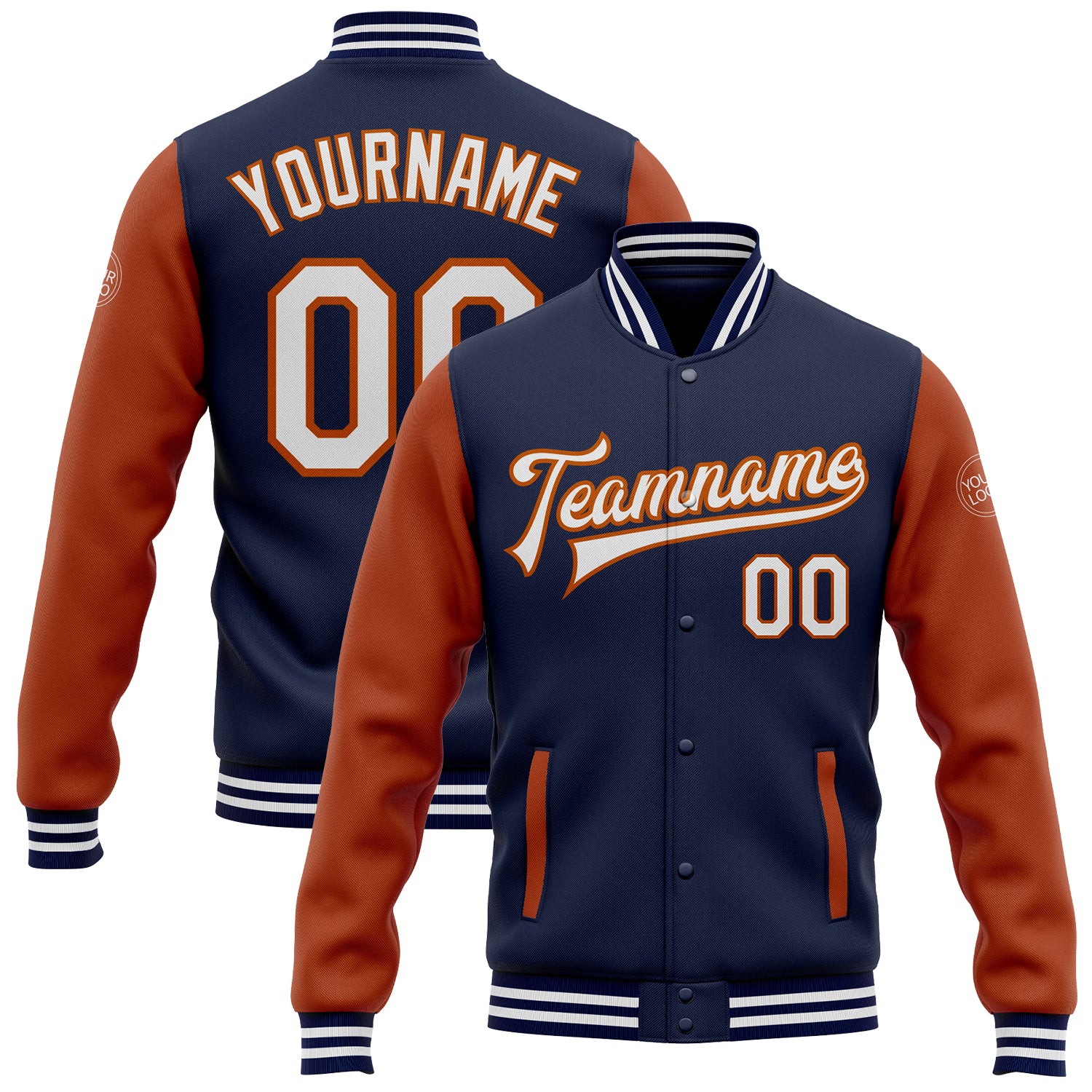Custom Two Tone Navy White Texas Orange Bomber Jacket with Name and Number - Varsity Letterman Full-Snap Style Personalized