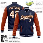 Custom Two Tone Navy White Texas Orange Bomber Jacket with Name and Number - Varsity Letterman Full-Snap Style Personalized