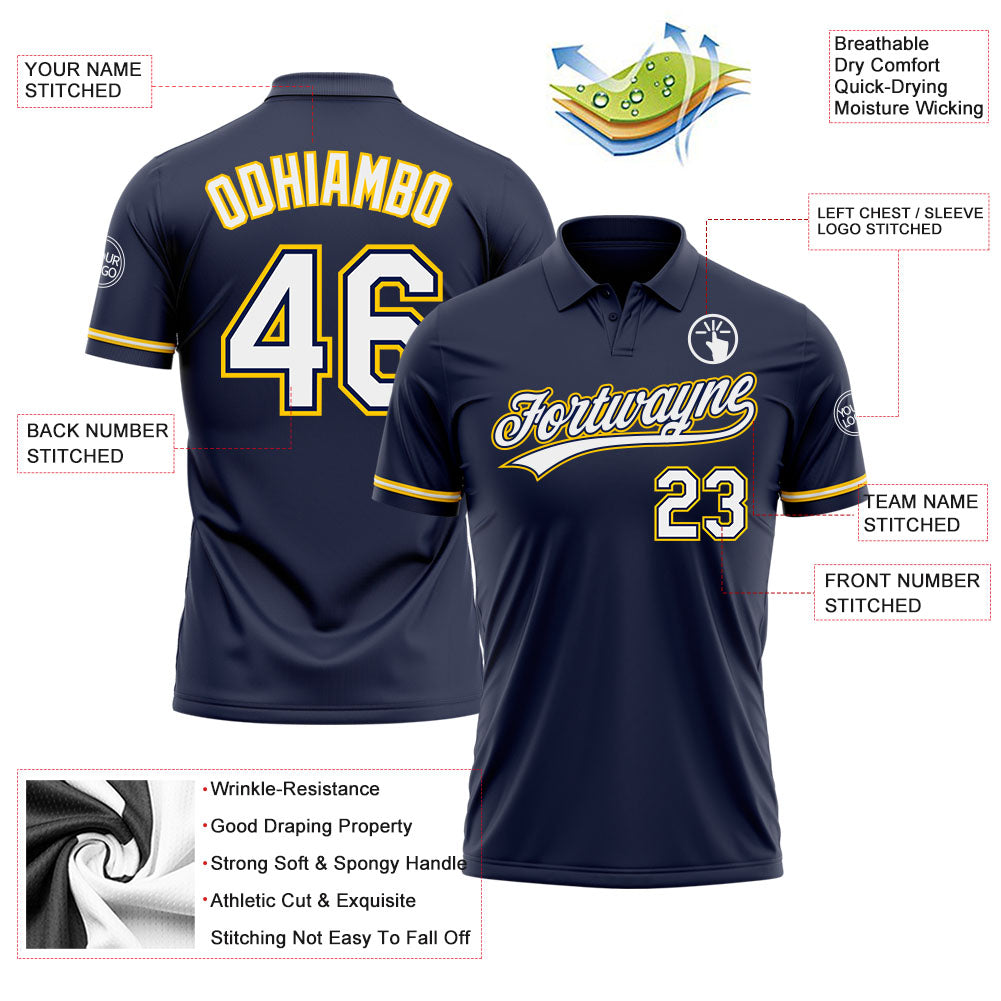 Personalized Navy White-Yellow Performance Vapor Golf Polo Shirt Team Custom Name and Number Personalized Custom Name and Number Golf Polo Shirt - Navy White-Yellow Performance Vapor Design Personalized Navy White-Yellow - Image 3