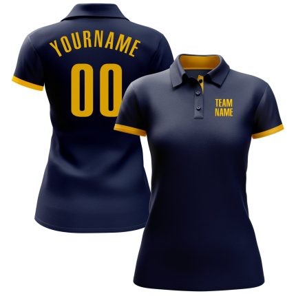 Custom Team Name Number Polo Shirt Navy Yellow Performance Golf Shirt Personalized Navy Yellow Performance Golf Polo Shirt