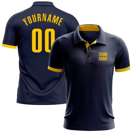 Custom Team Name Number Polo Shirt Navy Yellow Performance Golf Shirt Personalized Navy Yellow Performance Golf Polo Shirt