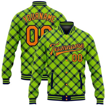 Custom Team Name 3D Pattern Orange-Navy Check Neon Green Varsity Letterman Bomber Jacket with Snap Full-Snap Closure Personalized