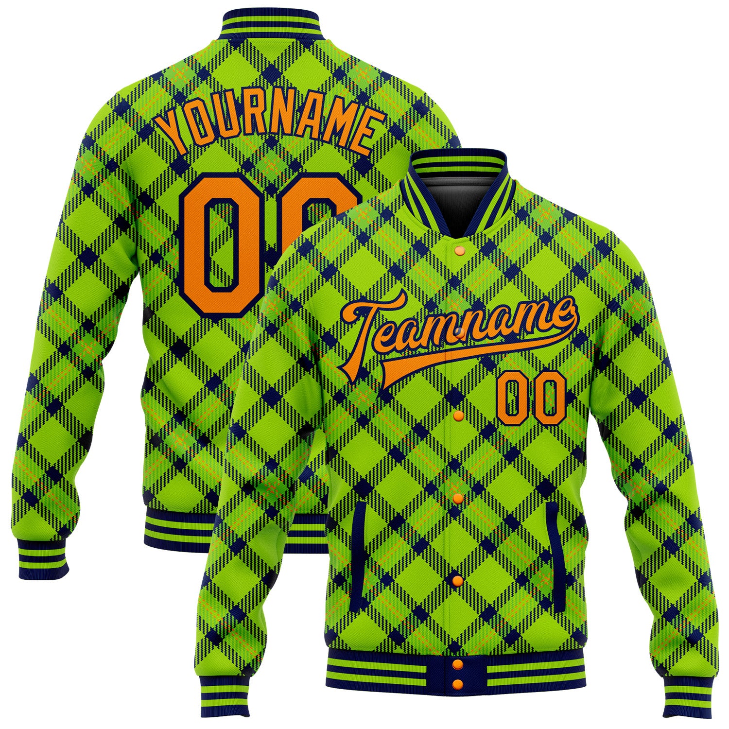 Custom Team Name 3D Pattern Orange-Navy Check Neon Green Varsity Letterman Bomber Jacket with Snap Full-Snap Closure Personalized