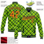 Custom Team Name 3D Pattern Orange-Navy Check Neon Green Varsity Letterman Bomber Jacket with Snap Full-Snap Closure Personalized
