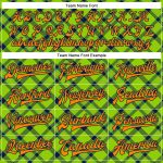 Custom Team Name 3D Pattern Orange-Navy Check Neon Green Varsity Letterman Bomber Jacket with Snap Full-Snap Closure Personalized