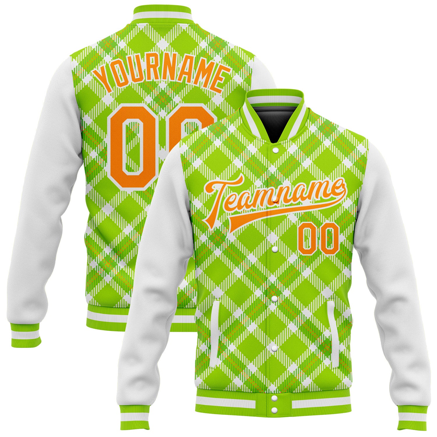 Neon Green Bay Orange-White Check Pattern 3D Bomber Jacket Full-Snap Varsity Letterman Personalized Neon Green Bay Orange-White