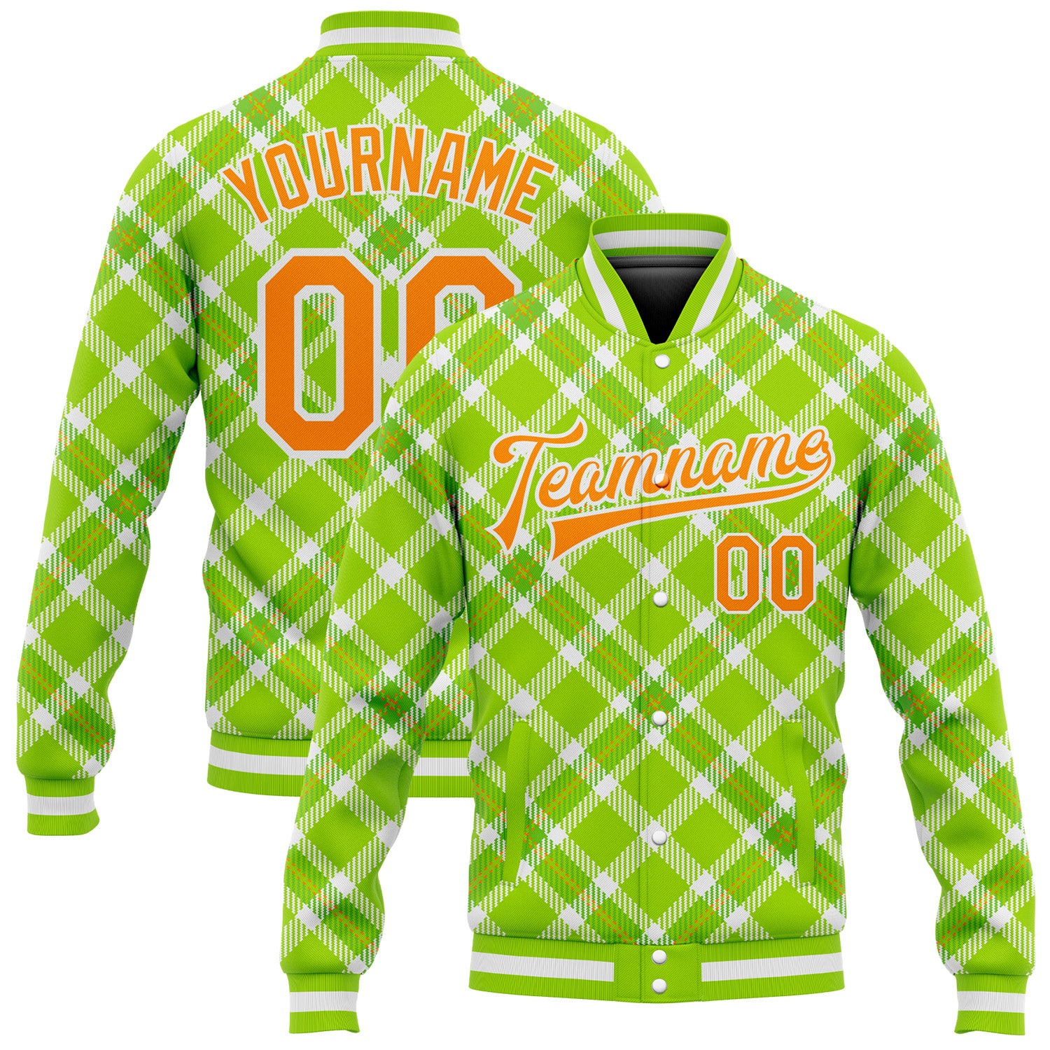 Custom Name Number Varsity Letterman Jacket - Neon Green Bay Orange White Check 3D Pattern Bomber Full Snap Personalized