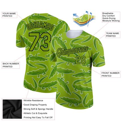 Custom Team Name Number Crocodile T-Shirt - Personalized Neon Green 3D Pattern Design Performance Tee Personalized Neon Green