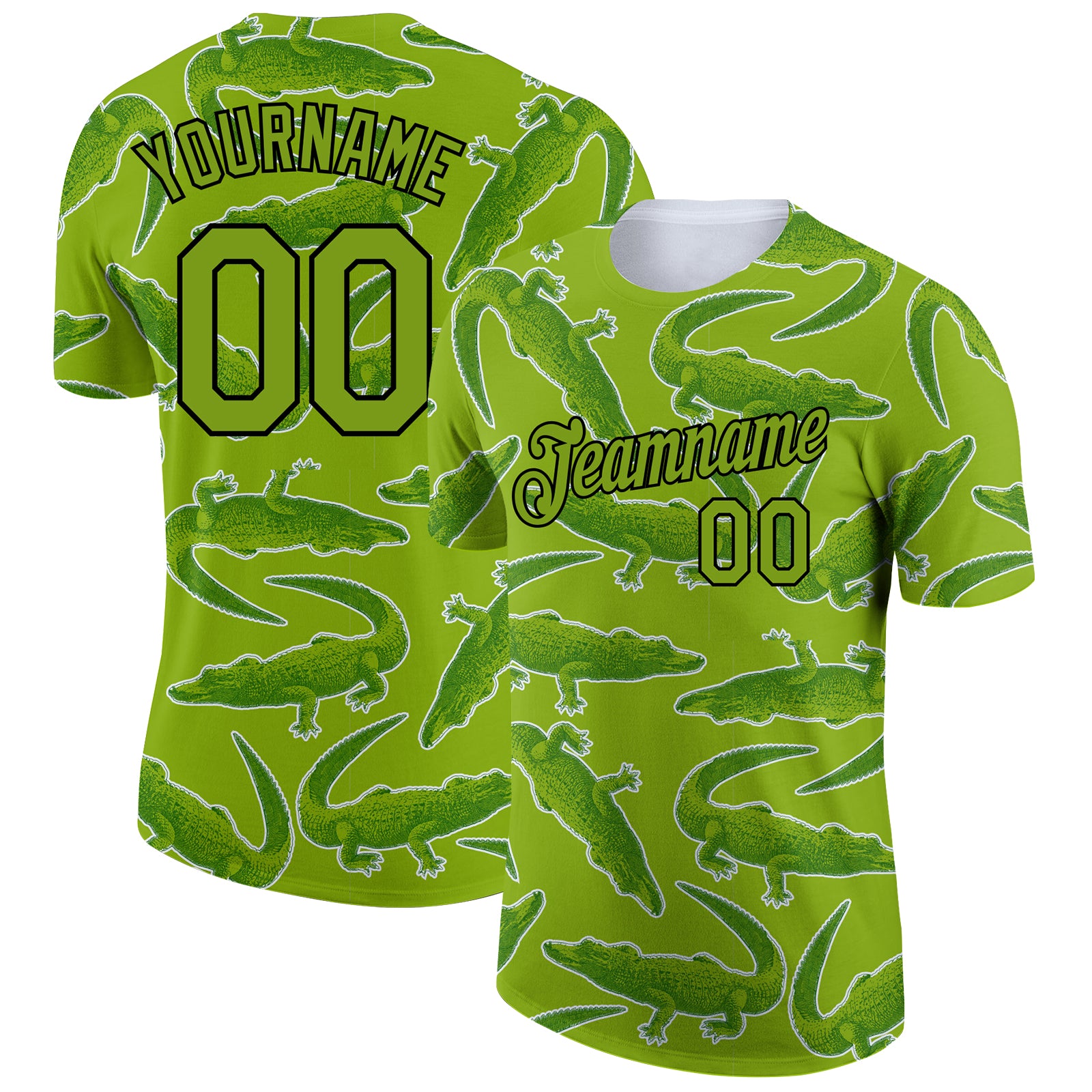 Custom Team Name Number Crocodile T-Shirt - Personalized Neon Green 3D Pattern Design Performance Tee Personalized Neon Green
