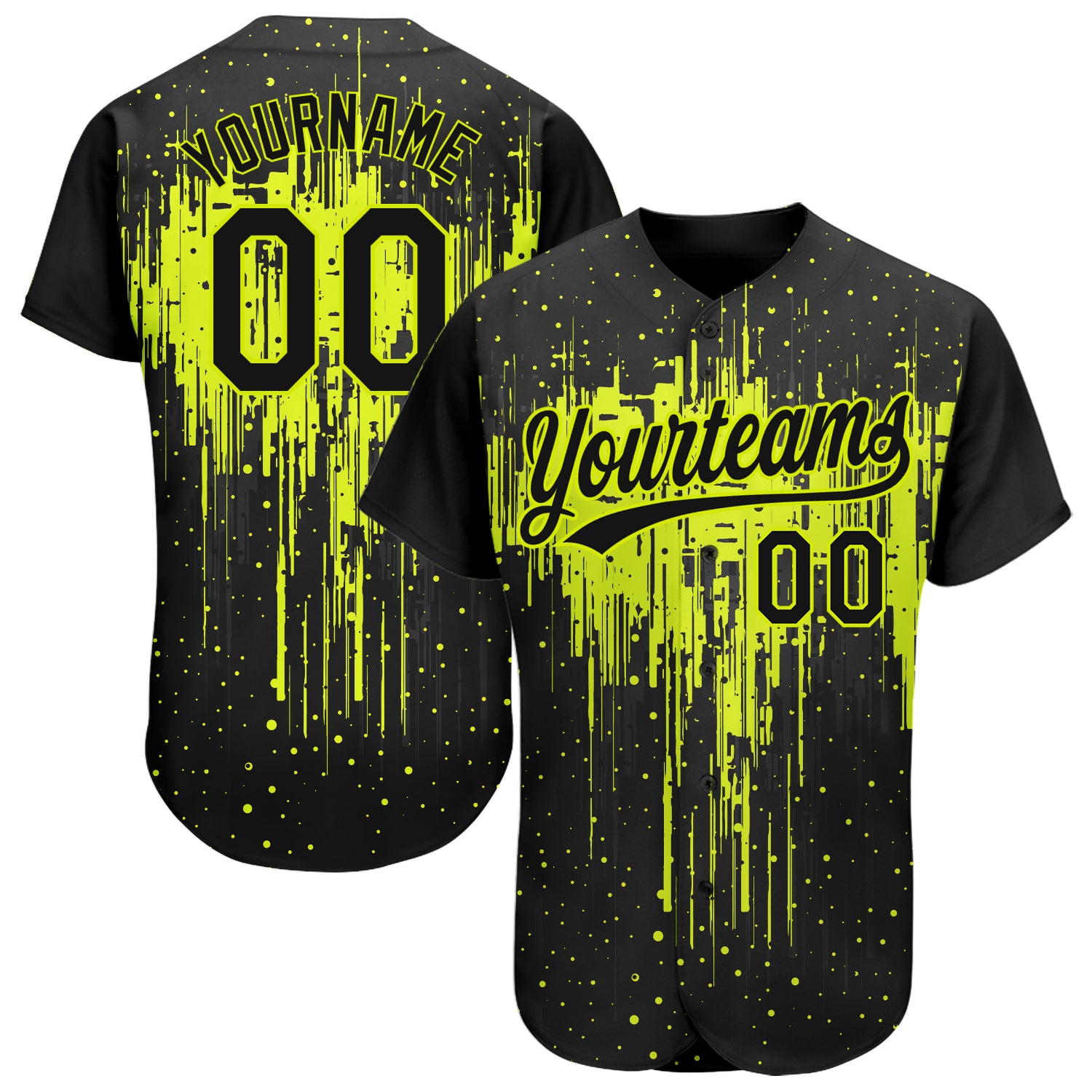 Custom Name Number Baseball Jersey - Neon Green Black 3D Dripping Splatter Art Design Personalized Neon Green Black 3D Pattern